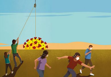 Illustration of people pulling up the sun / Covid-19 virus whilst others are running away