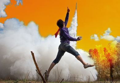 Person jumping in the air as a rocket takes off