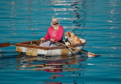 An elderly man and his dog paddling a row boat in Monterey Bay, California.  An elderly man and his dog paddling a row boat in Monterey Bay, California.