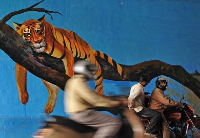 Commuters drive past a mural of a resting tiger, India. Illustrating that the ambitious goals of the Institutes of Eminence programme have yet to be realised.