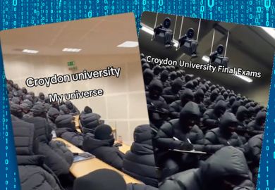 Screengrabs from TikTok of people in black jackets in a lecture theatre purporting to be about “Croydon University” – a fake institution. Examples of viral disinformation about London safety which is ‘damaging universities’.