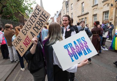 A group of pro-trans rights advocates are peacefully protesting outside the Oxford Union in objection to the invitation of former University of Sussex professor Kathleen Stock as a speaker.
