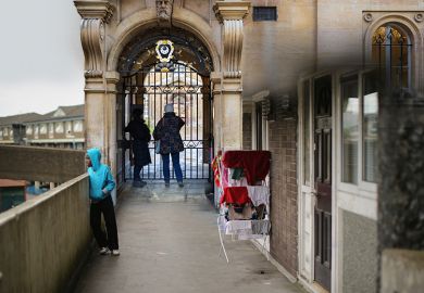 Montage of housing estate in Rochdale with a closed gate of Trinity Hall, Cambridge. To illustrate whether a university degree is any longer a passport to social mobility.
