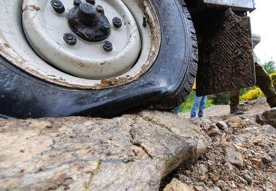 Truck tyre damaged by bumpy road