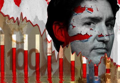 Montage of Justin Trudeau with Canadian cash and test tubes with declining amount of fluid. Torn and tainted to illustrate Trudeau's legacy.