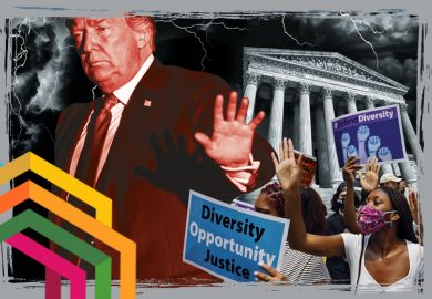 Montage of Donald Trump, people holding placards for diversity and the Supreme Court in the US. To illustrate attacks on diversity Montage of Donald Trump, people holding placards for diversity and the Supreme Court in the US. To illustrate attacks on diversity