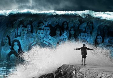 Montage of crowd of students on giant wave about to crash upon person on rocks. To illustrate how university support staff and academics are overwhelmed by a “tsunami” of mental health problems among students.