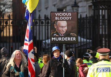 Demonstrators attend a rally in support of Ukraine opposite Downing Street on 2 March 2025 in London, England. To illustrate number of Russians coming to the UK for study has ‘collapsed’ during war in Ukraine, with Russians feeling they are not welcome