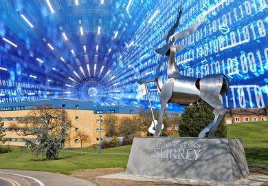 Stag sculpture at entrance to University of Surrey, Guildford, UK, with an artificial intelligence background. To illustrate the university introducing discipline-specific artificial intelligence (AI) into all of its courses.