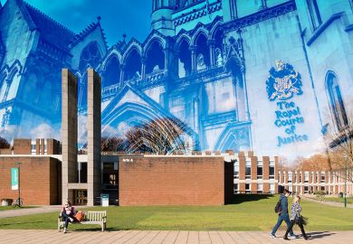 General exterior view of campus at the University of Sussex, Brighton and Hove, UK, with the Royal Courts of Justice superimposed.