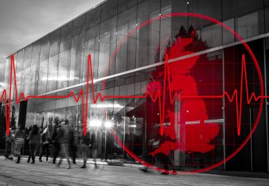 People walking past university building with radar of the UK and heartbeat monitor. To illustrate tracking the latest redundancies in the UK higher education sector.