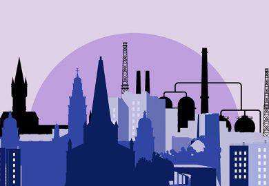 Illustration of university spires with cityscape and industrial buildings, illustrating that universities should become more integrated with local industry and community. 