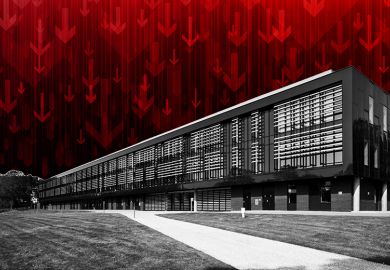 Campus of the University of the West of Scotland with downward arrows in the background to suggest a budget deficit