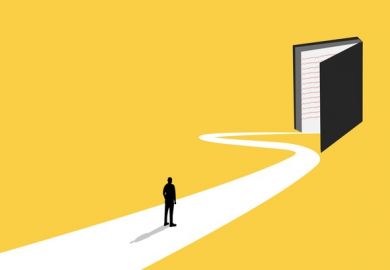 A businessman takes a winding path towards an open book, symbolising university recruitment A businessman takes a winding path towards an open book, symbolising university recruitment