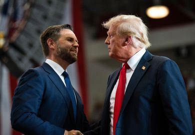 Republican vice presidential nominee U.S. Sen. J.D. Vance introduces U.S. Republican Presidential nominee former President Donald Trump during a rally at Herb Brooks National Hockey Center on July 27, 2024 in St Cloud, Minnesota.