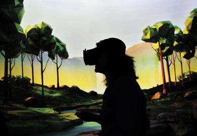A woman tries on Google’s virtual reality device “Daydream View” after the opening of Google’s pop-up store in New York, 2016