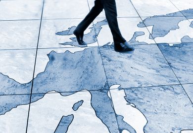 Man walking on a map of Europe, stepping from the UK to Europe. To illustrate that the UK’s Erasmus return is a step in the right direction.