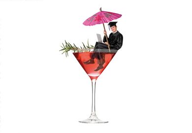 Montage of a graduate sitting in a full cocktail glass to illustrate Cocktail recipes from hic-storian