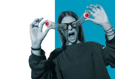 Young woman stretches out springy eyes on joke-shop glasses.to illustrate Is it time for  the Office  for Students  to grow up?