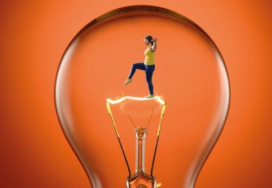 Montage of a close up image of a clear tungsten lightbulb with a person inside to illustrate  Spinout success needs less squabbling and more risk