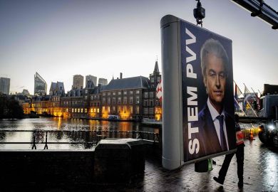 An election sign of Party for Freedom (PVV) leader Geert Wilder to illustrate ‘Little sympathy’ for universities in new Dutch parliament