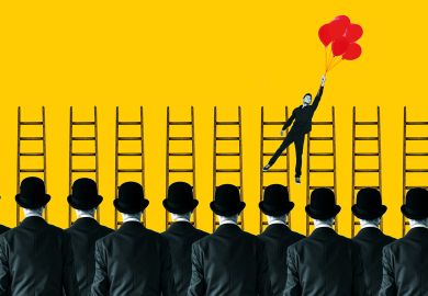 Concept of a businessman flying away from crowd with balloons