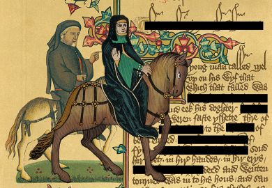 Geoffrey Chaucer on horse - on  manuscript c 1343-1400 with parts of the text blacked out to illustrate Trigger warnings are nothing but tribal slogans