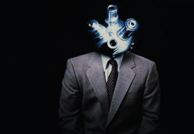 A man with a microscope for a head as a metaphor for assessing research assessment