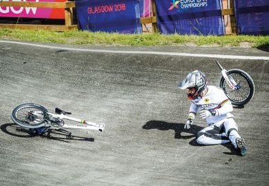 Sylvain Andre (France) fallen off his BMX bike to illustrate Domestic students edged out as UKRI trims PhD support
