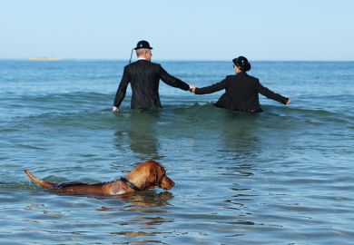 sea couple in the sea wearing business suits bowler hats holding hands dog swimming