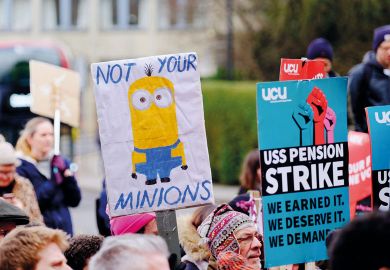 The University and College Union (UCU) lecturer strike protests holding banners with one reading 'Not your minions' The University and College Union (UCU) lecturer strike protestors holding banners with one reading 'not your minions' to illustrate UEL pledges review after settling with sacked union members