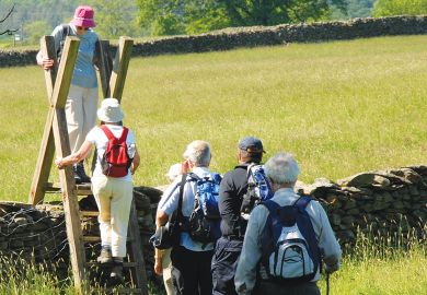 Group of elderly people on walking holiday negotiating a ladder access over a wall between fields, English Lake District