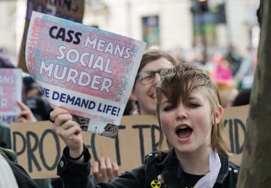 Transgender people and their supporters march through central London in a protest against a ban on puberty blockers in London, United Kingdom to illustrate Anger over UCU’s ‘anti-scientific’ fight against Cass Review