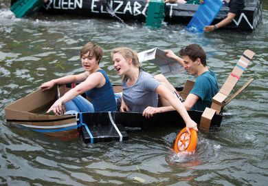 Cambridge University students  on the River Cam taking part in the cardboard boat race to celebrate the end of exams to illustrate Two-thirds of Cambridge researchers on temporary contracts