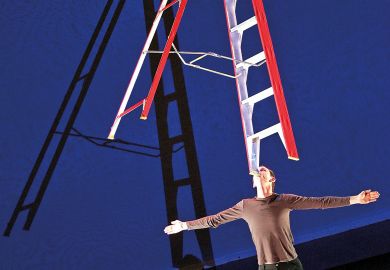  A performer balances a giant ladder on his chin to illustrate Career advancement policies ‘used for wage theft’