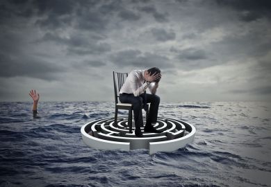 Concept of a person sitting with head in hands on a maze in the sea with a hand in the distance raised to illustrate UK, US law must fix clash between privacy rights and protecting lives