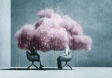 Two people sitting with pink cloud of data as a metaphor for Artificial intelligence will soon be able to research and write essays as well as humans can