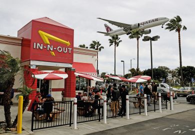 Qatar Airlines plane from Doha prepares to land at Los Angeles International Airport in Los Angeles to illustrate US colleges face ‘perfect storm’ on international recruitment