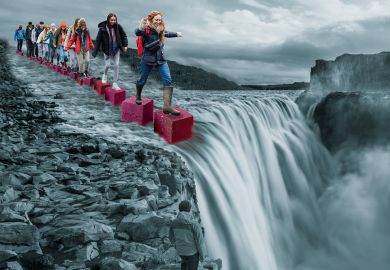 Montage of a group stepping on cubes leading to a waterfall 