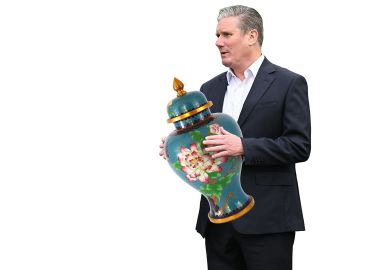 Montage of Labour Leader Keir Starmer holding a vase to illustrate Between a rock and a hard place