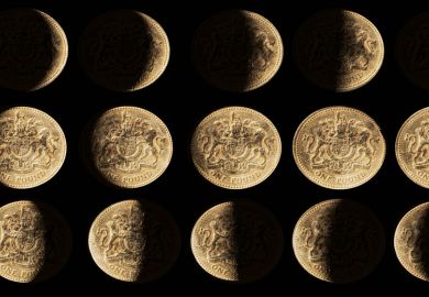 Rows of coins with gradual shadows to look like the moon as a metaphor for Is there a catch to the UK’s  promised £22bn for science