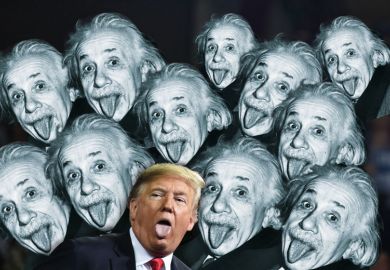 Montage of US President Donald Trump sticks out his tongue with multiple heads of Albert Einstein to illustrate Doctors, scientists, did the quacks get your tongue? Time to take it back