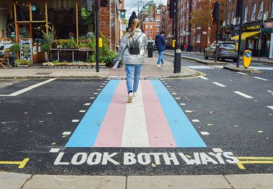 A woman walks along a pedestrian crossing with trans flag colours in Bloomsbury. to illustrate Trans rights debate ‘is distracting union’