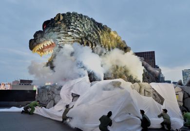 Godzilla head is displayed during the official unveiling ceremony in Tokyo to illustrate Can Japan’s ¥10tn excellence drive revamp its research?