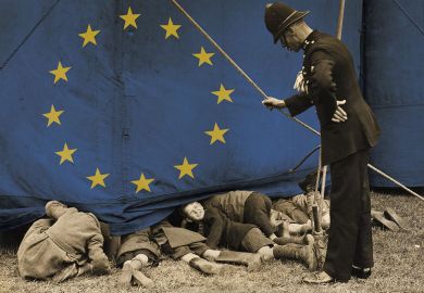 A policeman talking to a group of boys who are sneaking a look a show with the EU flag on the curtain.