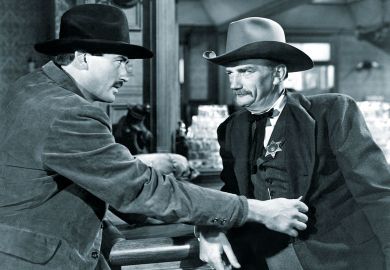 The Gunfighter, Gregory Peck, Millard Mitchell, 1950 showing sheriff badge to illustrate 'Accreditors in firing line as US political temperature rises'