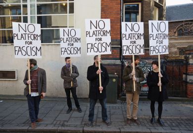 Protesters gather outside Cambridge University's Student Union holding banners reading 'No platform for fascism' Protesters gather outside Cambridge University's Student Union holding banners reading 'No platform for fascism'