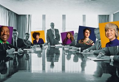 Montage of members of the board all turn to face the camera during a board meeting some have different diversity heads over them to illustrate In difficult times, v-cs and executives need more diverse boards to lean on