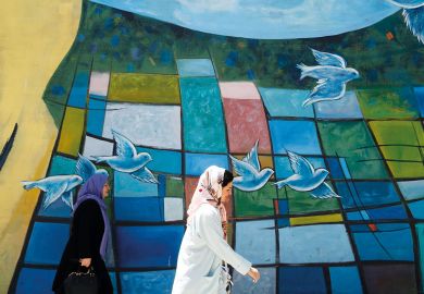 Iranian women walk past graffiti of birds flying in downtown Tehran to illustrate Scholars see politics behind Iran’s India branch campus move