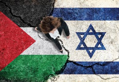 Woman walking over cracked paving made up of Palestine and Israel flags